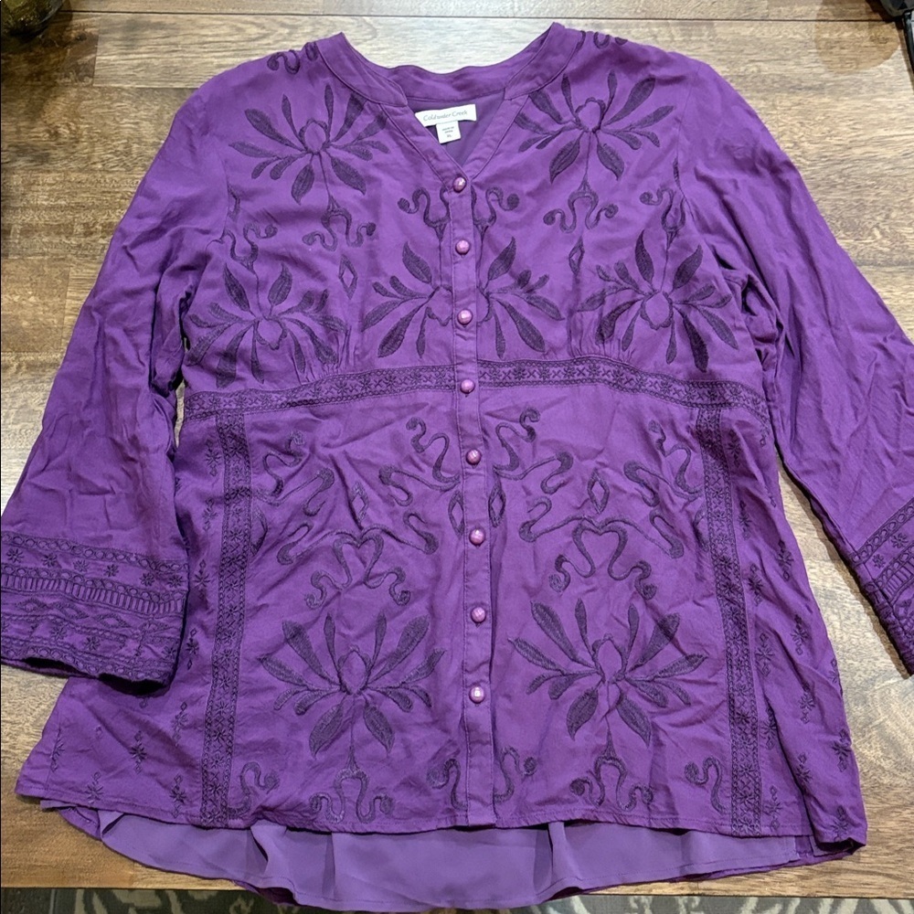 Coldwater Creek Embroidered Women's Blouse, Sz XL. Purple